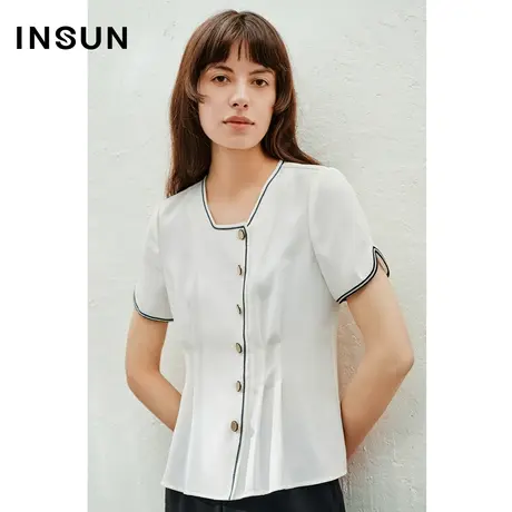 INSUN恩裳专选夏季撞色方领复古金属扣衬衫商品大图