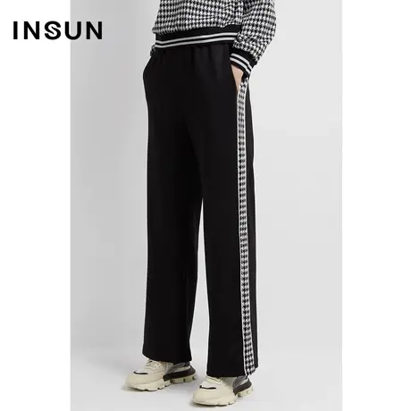 INSUN恩裳奥莱2023春季裤腿侧缝撞色阔腿裤黑色休闲裤子图片