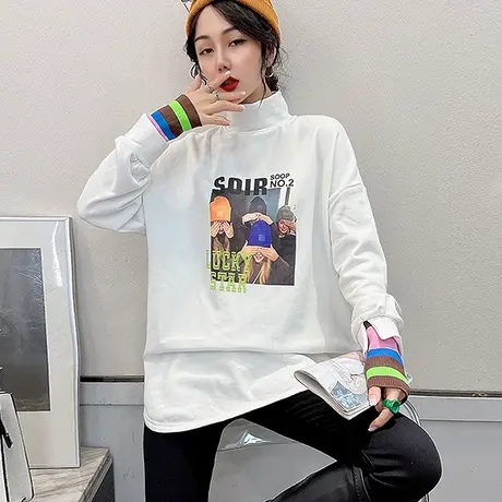 中长款白色卫衣女秋冬韩版休闲宽松大版上衣加厚高领打底衫长袖潮商品大图
