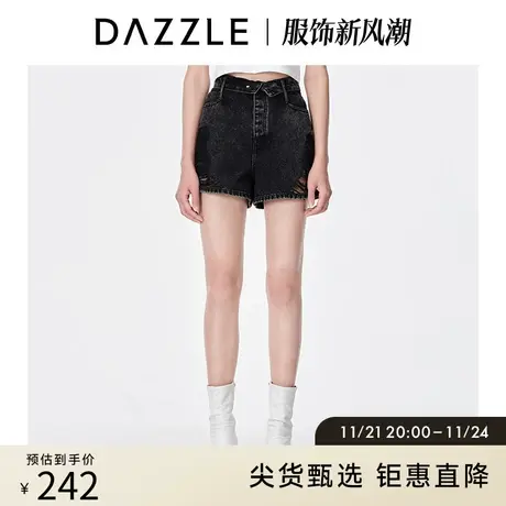 DAZZLE地素奥莱 黑色破洞拉须牛仔裤短裤女2D2R1011A商品大图