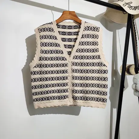 复古条纹针织马甲开衫女春秋新款韩版设计感小众毛线背心上衣外套商品大图