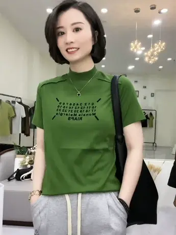 t恤女2023夏季新款半高领简约弹力短袖韩版潮流百搭休闲小众上衣商品大图