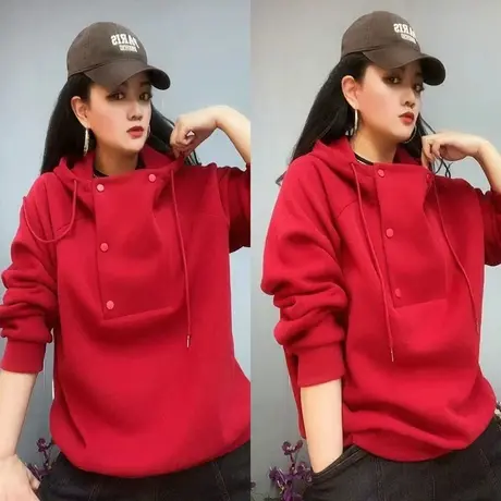 欧洲站2023春季新款网红爆款时尚休闲宽松百搭双排扣插肩连帽卫衣图片