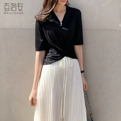 百洛安短袖t恤女夏季新款时尚显瘦V领不规则上衣设计感褶皱T恤潮图片
