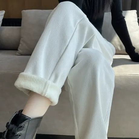 白色牛仔裤女2024年秋冬新款高腰直筒宽松加绒加厚九分哈伦老爹裤商品大图