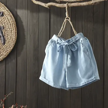 枫谜2020年夏季新款文艺简约天丝牛仔短裤女宽松休闲薄款阔腿短裤商品大图