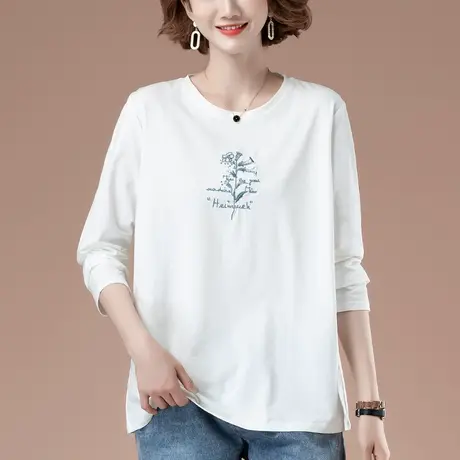 春秋季加肥加大码女装长袖t恤女纯棉宽松中年妈妈刺绣显瘦打底衫商品大图