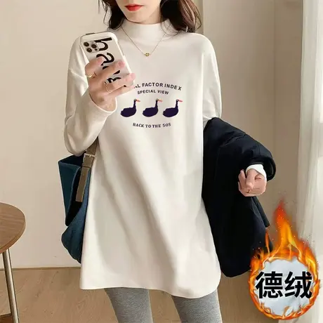 阳离子德绒打底衫女内搭秋冬季半高领保暖长袖T恤中长款宽松上衣商品大图