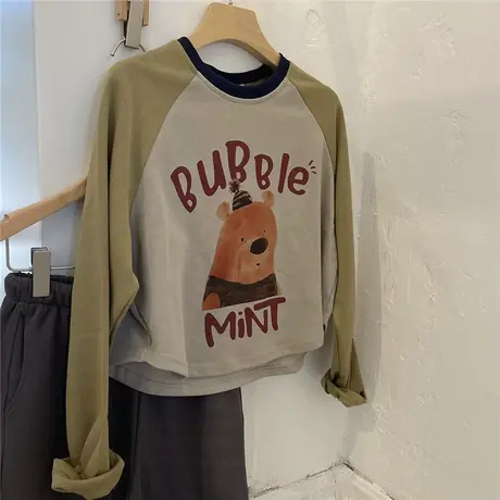 插肩袖减龄字母卡通印花长袖T恤卫衣女2022秋款洋气短款圆领小衫商品大图