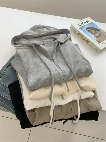 纯欲半拉链连帽衫女2023秋季新款修身显瘦百搭小个子长袖T恤卫衣商品大图