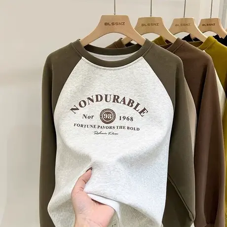 cec超火圆领无帽卫衣女士薄款秋装百搭宽松显瘦撞色插肩袖上衣服图片