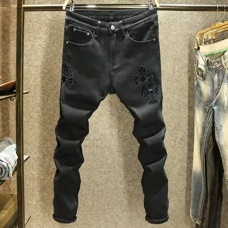 黑色小脚牛仔裤男款欧洲站修身弹力裤子潮牌十字架烫钻长裤秋冬款商品大图