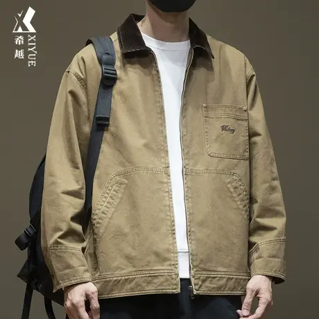 美式斜纹精梳棉夹克男款2023秋冬宽松大码卡其色纯棉翻领衬衣外套商品大图