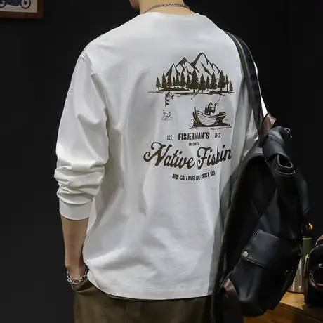 纯棉百搭长袖t恤男潮宽松大码春季2024新款男士白色内搭衣服春秋商品大图