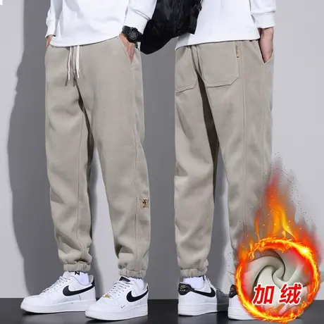 秋冬季卡其色博奥绒束脚运动卫裤2024年新款男生加绒加厚休闲裤子商品大图