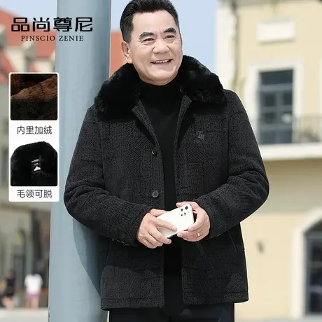 【雪尼尔】老年人男爸爸冬装外套加绒加厚脱卸毛领单排扣保暖大衣商品大图