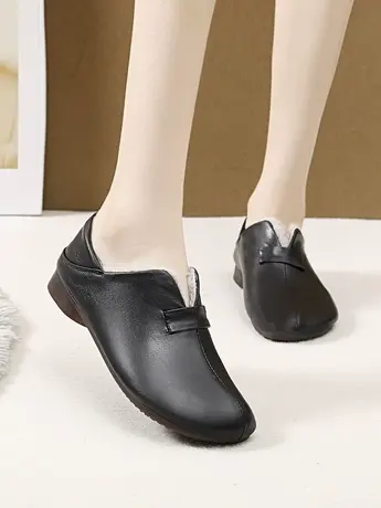 日常通勤休闲套脚皮鞋女防滑耐磨软底舒适棉鞋英伦加绒保暖乐福鞋商品大图