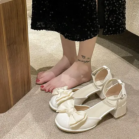 包头凉鞋女2024夏季新款气质法式蝴蝶结玛丽珍高跟鞋晚晚风温柔鞋商品大图
