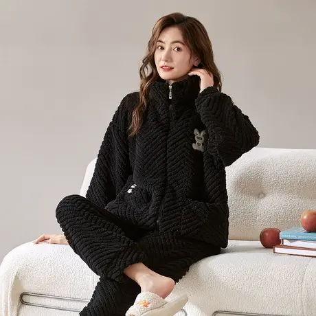 珊瑚绒睡衣女冬家居服2023新款冬季加绒加厚秋冬款法兰绒女士黑色图片