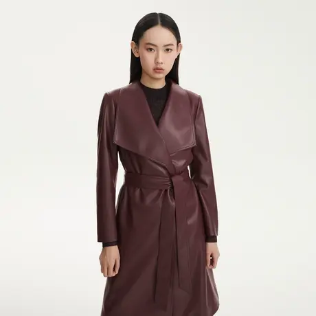 LANCY/悦朗姿秋季新款中长款翻领风衣宽松高级通勤皮衣女外套奥莱图片