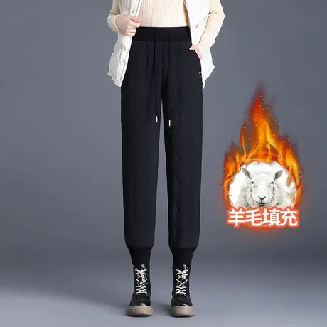 加厚羊毛休闲裤女冬季2023新款松紧腰显瘦九分束脚裤抗寒保暖棉裤图片