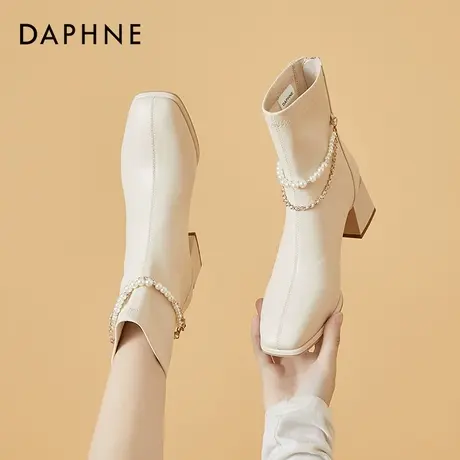 达芙妮短靴2021年新款马丁靴女高跟春秋单靴粗跟瘦瘦靴白色女靴子商品大图