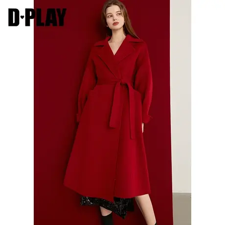 DPLAY冬优雅气质翻领落肩红色双排扣羊毛双面毛呢大衣女商品大图