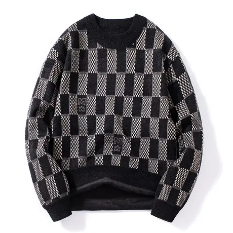 2023秋冬季加绒加厚男士圆领卫衣保暖打底衫上衣休闲格子长袖毛衣商品大图