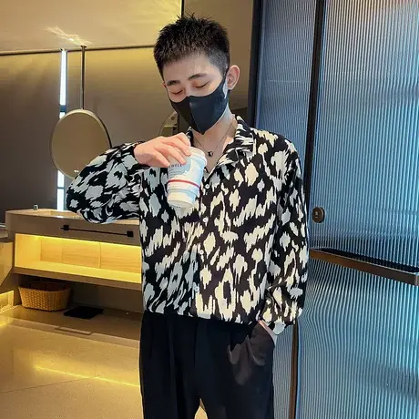 秋季男士衬衫豹纹花色满印潮牌发型师长袖宽松潮流印花衬衣上衣商品大图