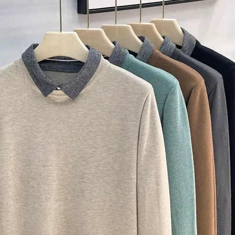 假两件衬衫领休闲通勤厚毛衣男套头宽松冬季款内搭打底针织衫毛衫商品大图