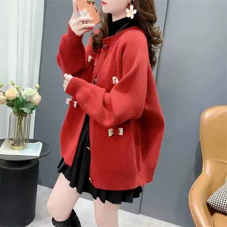甜美新年红色蝴蝶毛衣开衫女2024新款春季宽松别致设计感针织外套图片