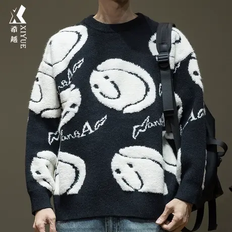 希越重磅圆领毛衣男冬季设计感提花立体绣针织衫宽松大码男士内搭商品大图