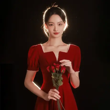 红色缎面敬酒服新娘小个子订婚礼服裙子回门便装连衣裙女夏季薄款图片