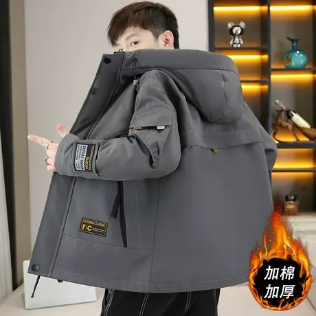 工装夹克男秋冬款加绒加厚连帽外套男潮牌棉衣服青少年户外冲锋衣商品大图