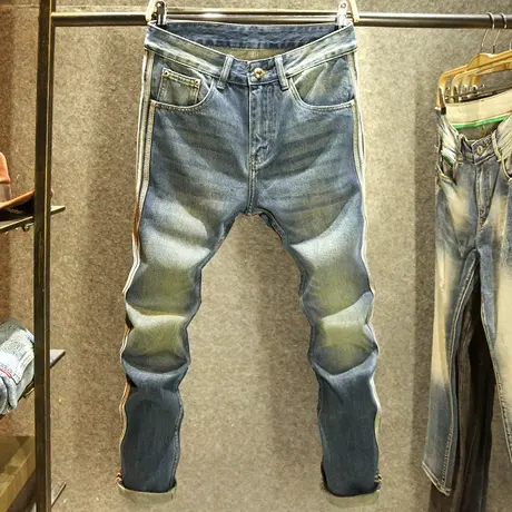 高街侧边织带牛仔裤男宽松直筒长裤美式复古高端水洗街头痞帅裤子商品大图