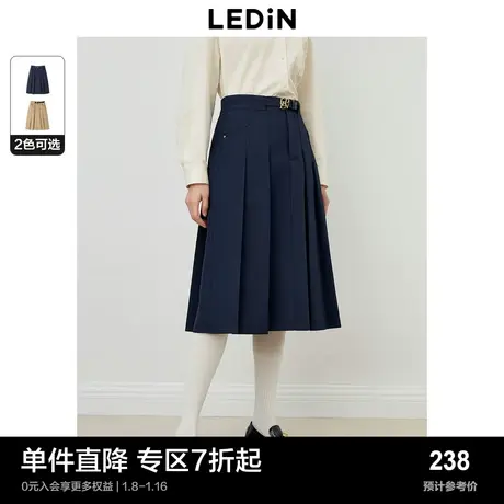 乐町新品侧边口袋压褶长半裙秋季多分割线设计女休闲半身裙图片
