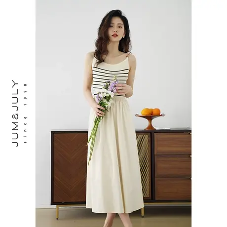 嘉茱莉2024初春新款条纹吊带连衣裙女百褶长裙小众吊带裙针织裙图片