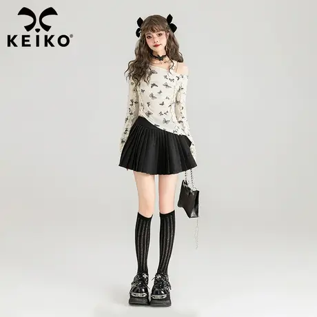 KEIKO 蝴蝶印花轻纱露肩上衣2024春夏纯欲风木耳边修身显瘦小衫图片