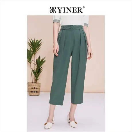 YINER音儿女装夏季职场百搭收褶休闲裤绿色裤子商品大图
