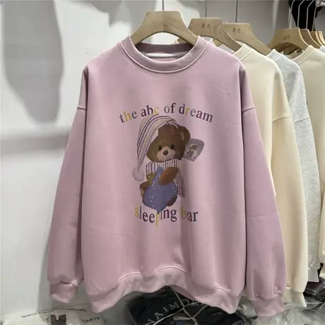 字母小熊印花圆领卫衣女2024年春季新款学院风宽松休闲套头衫上衣商品大图