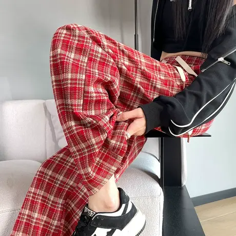 复古红色格子裤子女2024春秋季新款高腰宽松窄版休闲阔腿拖地裤子图片