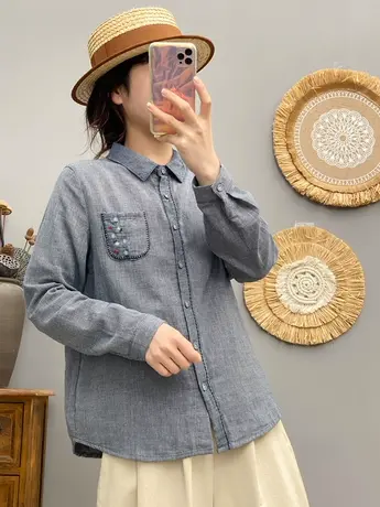 春秋季复古文艺小清新千鸟格子双层纱长袖衬衫女宽松显瘦打底上衣商品大图