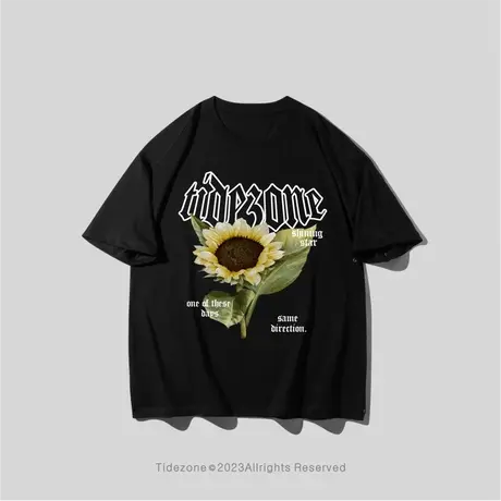 Ohlyah潮牌原创向日葵印花半袖衣服纯棉黑色短袖t恤男女同款上衣图片