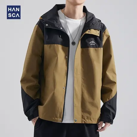 hansca美式撞色连帽外套男秋季新款潮牌休闲户外宽松防风工装夹克商品大图
