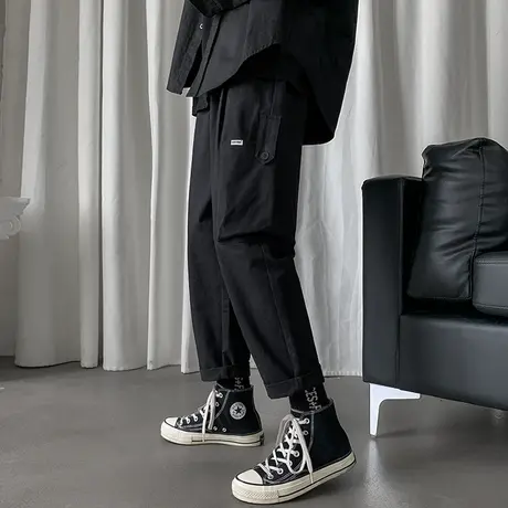 痞帅港风抽绳直筒休闲裤男韩版潮流ins宽松帅气百搭九分工装裤子商品大图