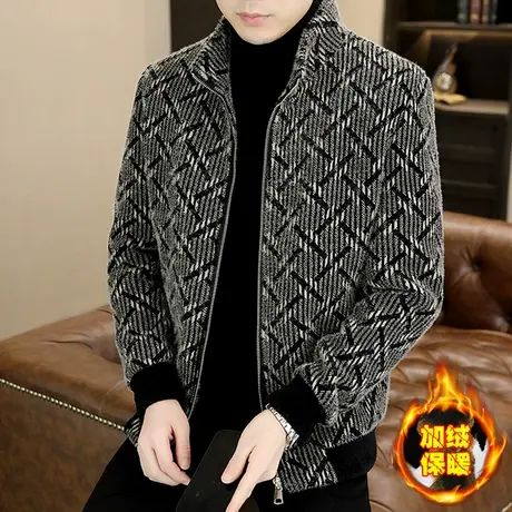 冬款男式加绒加厚夹克高品质立领金貂绒保暖衣服休闲男装毛呢大衣商品大图