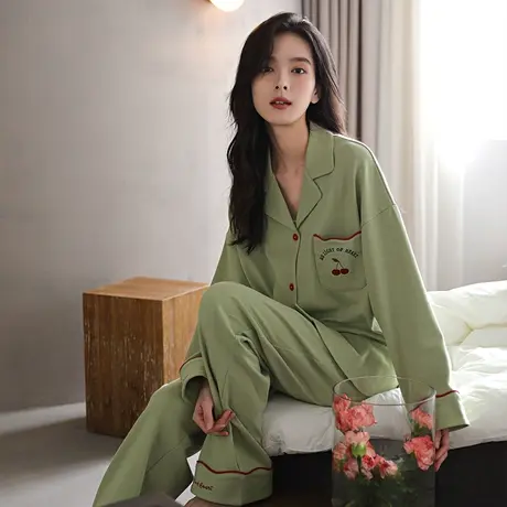 婷美秋冬款睡衣女士纯棉长袖简约纯色开衫春秋季可外穿家居服套装商品大图