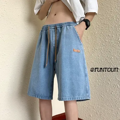 夏季薄款牛仔短裤男直筒潮牌宽松休闲过膝阔腿裤纯色拼皮五分裤子商品大图