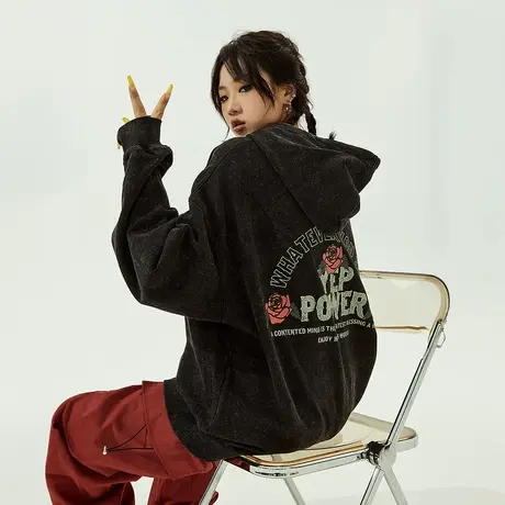 YEP复古玫瑰花连帽卫衣女春秋2023年新款潮牌炒雪花黑色宽松外套商品大图