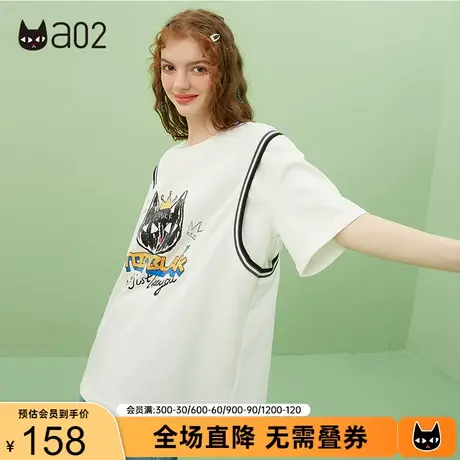 a02甜酷减龄假两件T恤女夏季新款卡通印花宽松休闲短袖上衣女商品大图